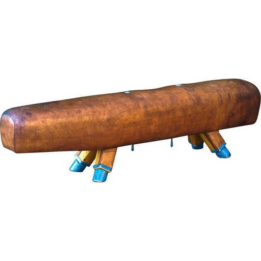 Banc de gymnastique vintage en cuir avec poignées en bois, années 1920