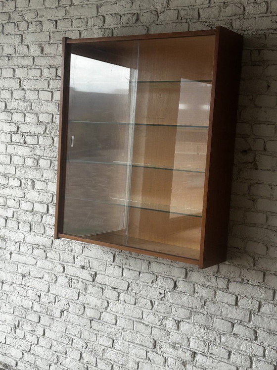 Wall display cabinet with glass sliding doors, brown wood, Mid Century Modern (photo 9 of 14)