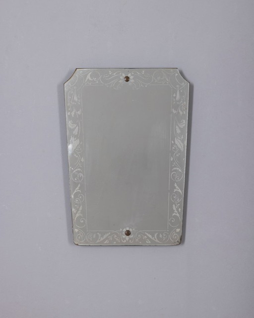 Vintage 1940s Italian Design Wall Mirror With Decorated Glass – spiegels