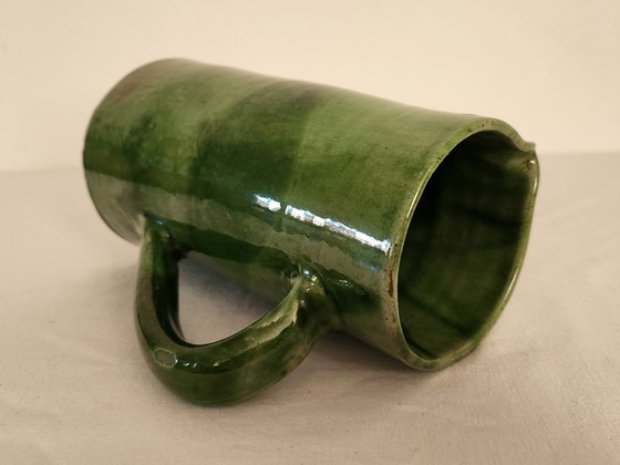 Image 1 of Large vintage green glazed ceramic pitcher