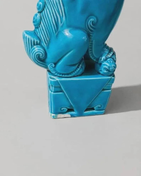 Pair of blue Fô dogs - glazed ceramic - Chinese blue - Mid 20th century, Decorative Objects, Porcelain (photo 2 of 5)