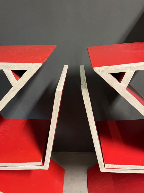 Set di 4 sedie zig zag fatte da falegname anni '80, Sedie da camera, Legno, Rosso, Modern (foto 3 di 6)