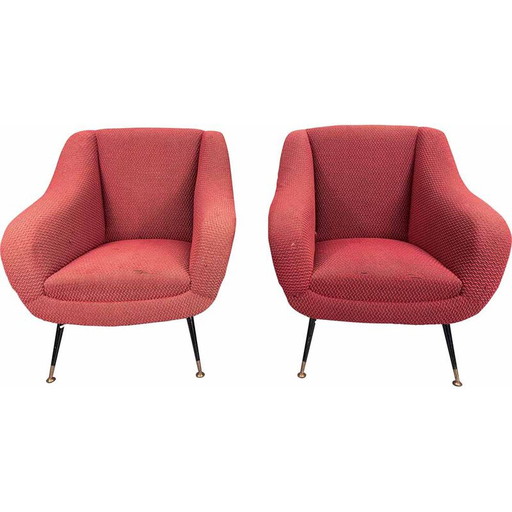 Coppia di poltrone vintage in ottone e tessuto di Gigi Radice per Minotti, Italia, anni '50