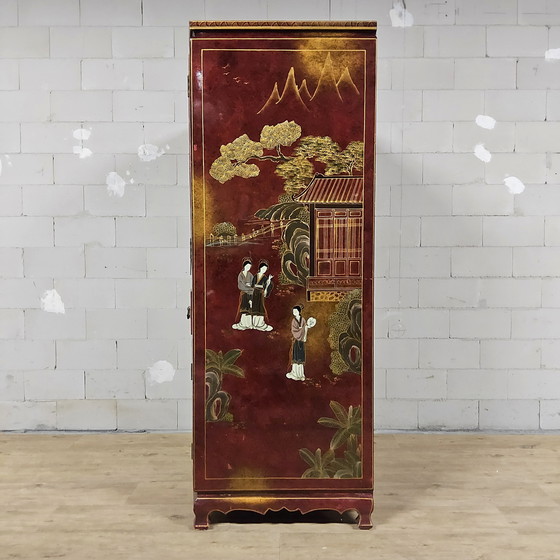 Image 1 of Mobile cinese d'epoca rosso e oro / scena tradizionale / signore in giardino cinese (mobile bohémien, mobile orientale)
