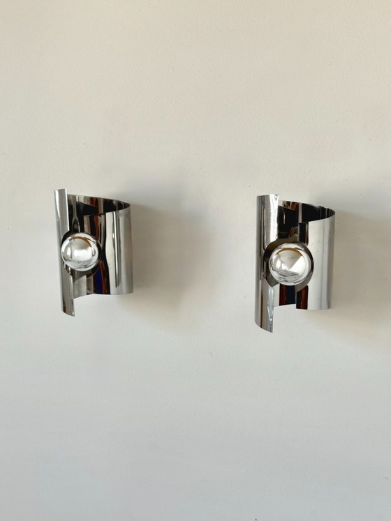Image 1 of Pair of vintage wall lights, curved chrome-plated metal, France, 1970
