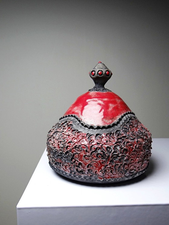 Image 1 of Vintage 2000s handcrafted raku jewelry box in red and grey