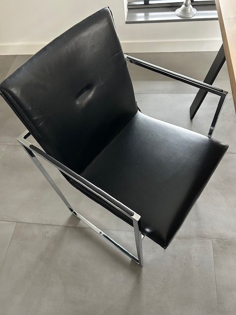 6 Arco Frame Chairs Black Leather With Armrests And Oak Table 280 x 100