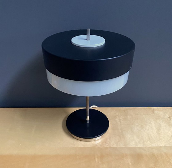 Image 1 of Table lamp in black metal and white glass, by Kamenicky Senov 1960s