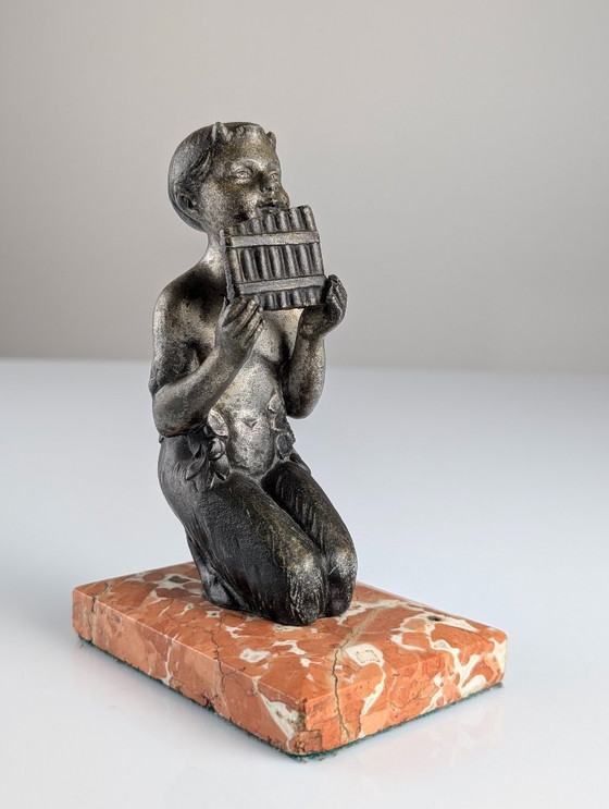 Image 1 of Junger Faun mit Panflöte, Art-Deco-Skulptur auf Marmorsockel, 1920er Jahre