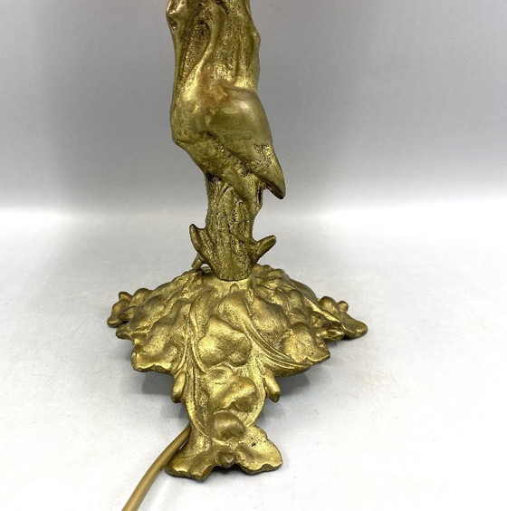 Image 1 of Art Nouveau style brass table lamp with red/black mushroom art de France glass