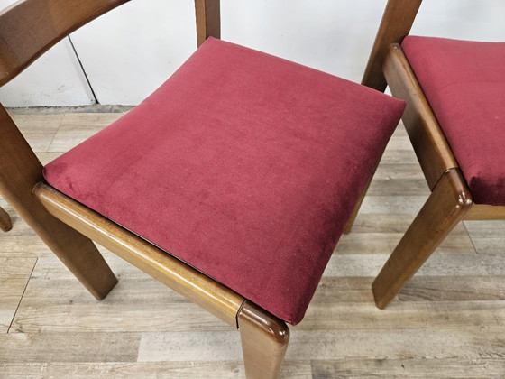Set of four dining chairs, brown wood with red textile seats, Mid Century Modern (photo 7 of 13)