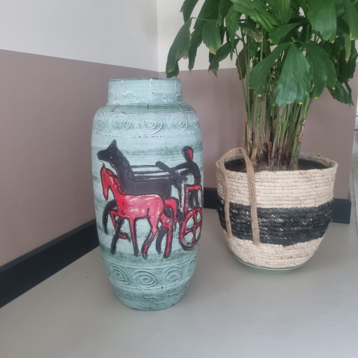 West-Germany Scheurich 50cm Jarrón o base de lámpara setenta retro caballo y carruaje cerámica