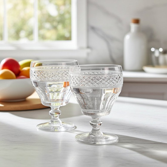 Image 1 of Set of 2 Georgian Crystal Wine Glasses with Trianon pattern