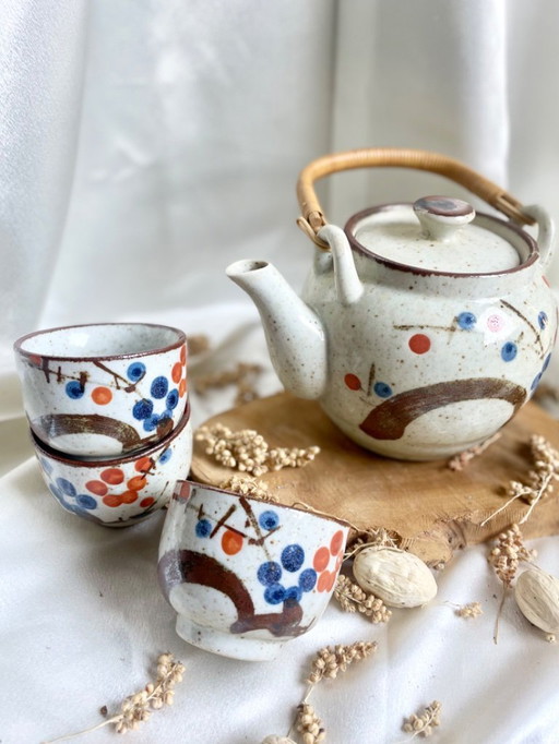 Vintage Japanese tea set – teapot and 6 cups – handpainted ceramic Kutani-style, rattan handle, mid-century tableware