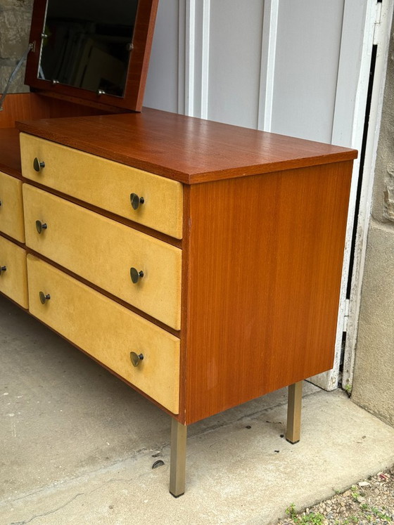 Image 1 of Enfilade commode coiffeuse Roger Landault années 50/60 suédine jaune