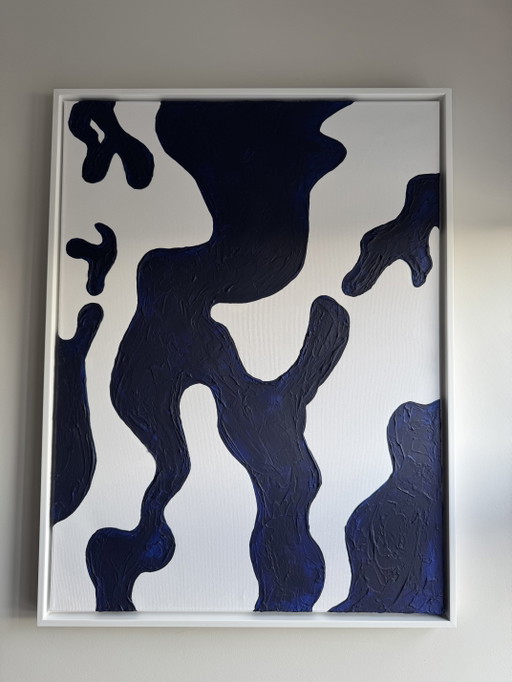 Unique Abstract Painting White Blue Cobalt incl. White Frame (60x80 cm) – schilderijen tekeningen, Canvas, Wood