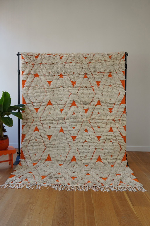 Handgeweven Oranje-Crèmekleurig Wollen Vloerkleed Met Ruitpatroon – 100% Natuurlijke Wol Uit Tunesië