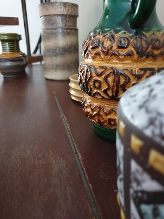 Image 1 of Teak wood cabinet with sliding door, drawers, mirror and light