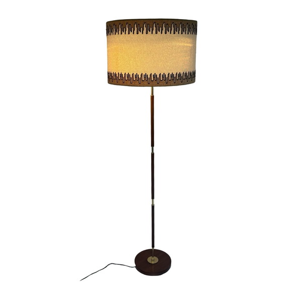 Image 1 of Temde Leuchten - Floor lamp - Space age design - Brass and teak wooden base - fabric covered shade - ca. 1960’s