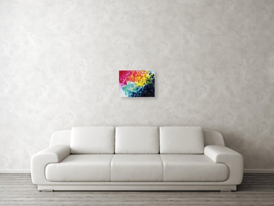 Image 1 of Acrylic painting on canvas in blue, pink, and yellow.