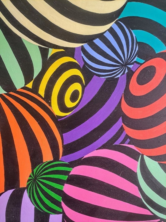 Image 1 of Cuadro Op-Art 'Boules' de Franklin van Dam - Obra de arte moderna y colorida - Acrílico sobre MDF - 95 x 95 cm