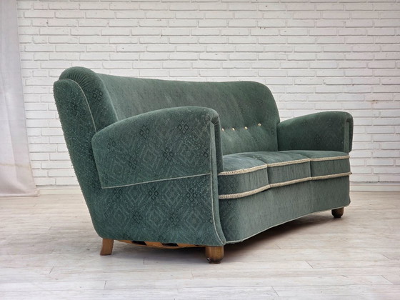 Image 1 of 1960s, Danish 3-seater curved sofa, light green furniture fabric, original condition.