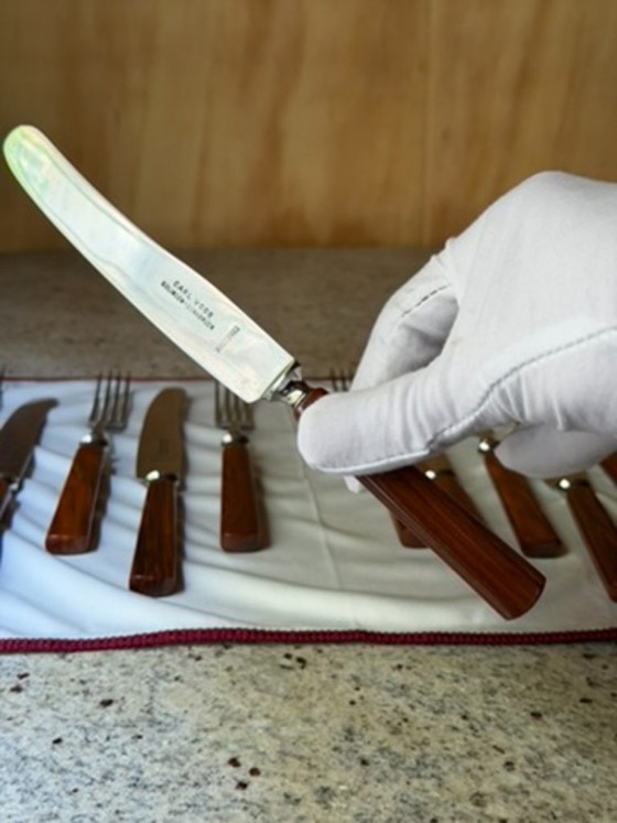 Vintage Carl Voos Solingen German Flatware Set - 12 Piece MCM Knife And Fork Set - Rostfrei Stainless Steel (photo 20 of 32)