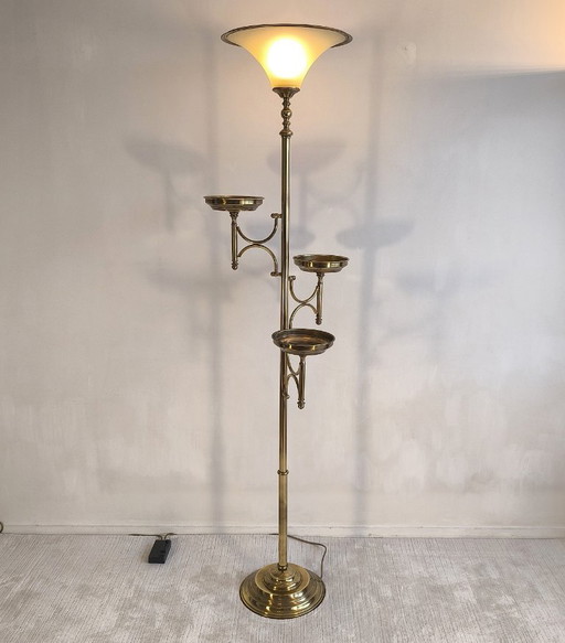 ✨💎 Rare Vintage Postmodern Gilded Brass Floor Light – 3 Saucers – 183 Cm 💎 ✨ – vloerlampen