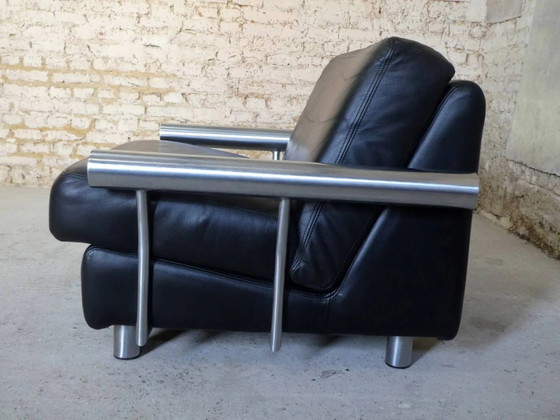 pair of armchairs, black leather & stainless steel, 1990 – Vintage (photo 11 of 14)