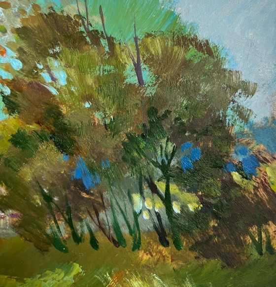 Image 1 of Original Oil Painting Summer River Landscape A quiet ferryman in the village