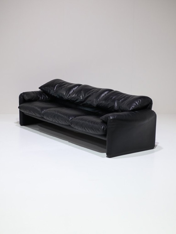 Image 1 of Cassina Maralunga 3-Sitzer-Sofa aus schwarzem Leder von Vico Magistretti