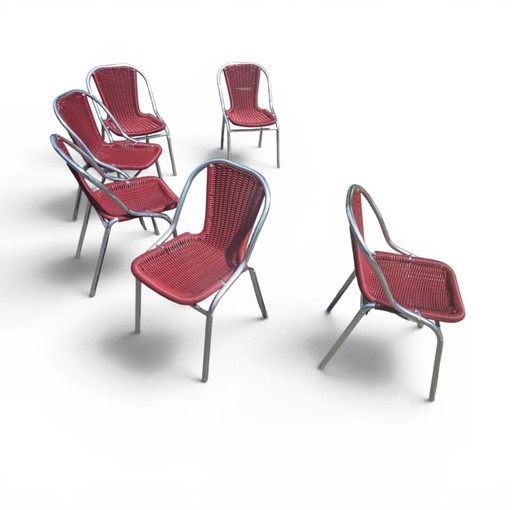 6 x red aluminum inside / outside chair featuring synthetic weave (wicker/rattan look) 1980s