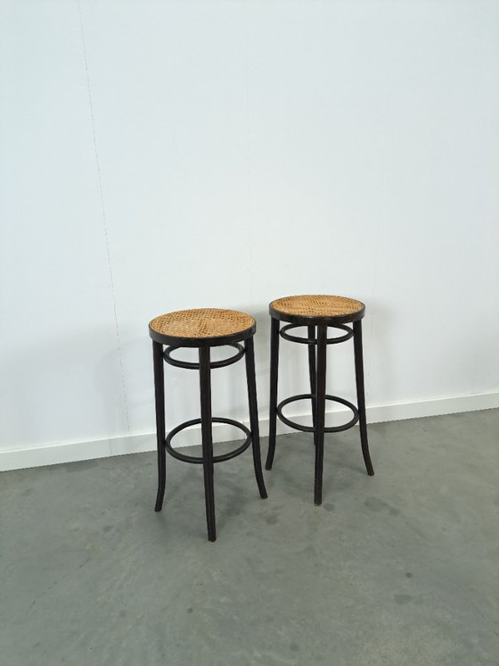 Image 1 of Set of 1950s wooden bar stools with webbing from France
