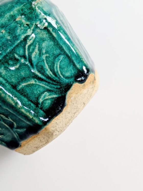 Image 1 of Pot à gingembre Shiwan chinois vintage, récipient hexagonal en faïence émaillée verte, pièce de collection