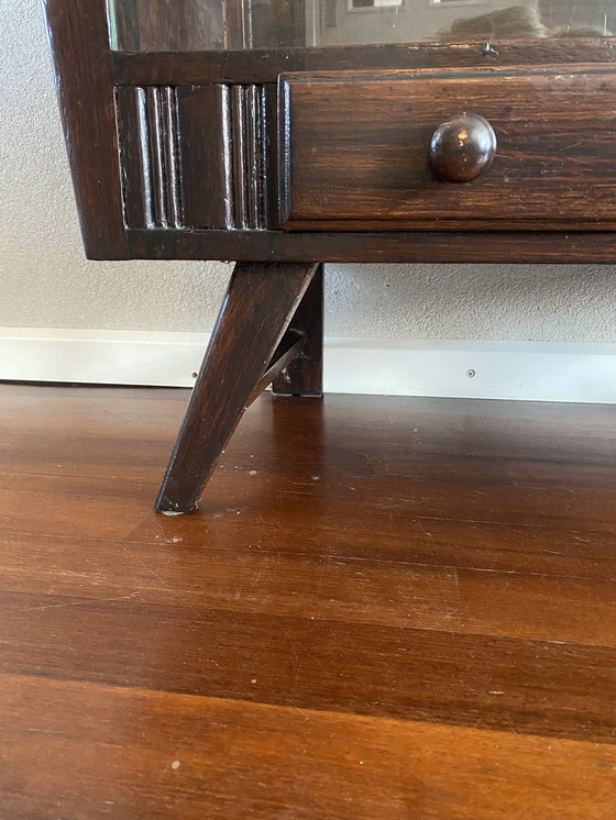 Image 1 of Vintage Mid - Century Dark Wooden Display Case With Sliding Doors