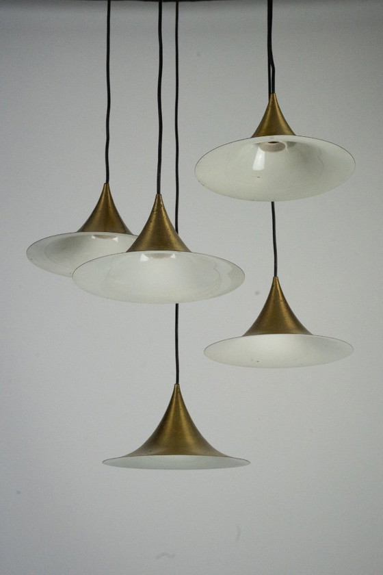 Image 1 of Fog & Morup, Midcentury Brass Pendant with Five Pendant Drops. Danmark, 1960s