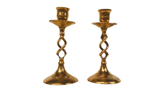 Image 1 of Vintage messing kandelaars set – gedraaide spiraal – mid century stijl