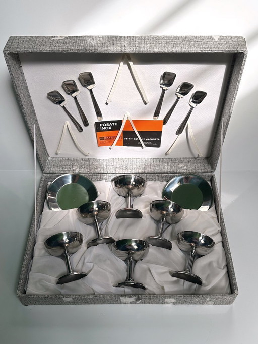 6x Italienische Dessertschalen Inox Eisbecher Metall Dekor Pokal Glas 80er Gelato Becher Fußschale Edelstahl Italien