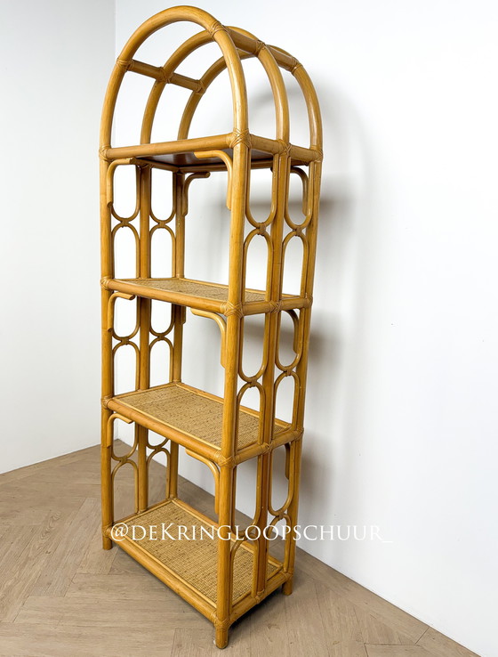 Image 1 of Vintage rattan bamboo arched cabinet bookcase