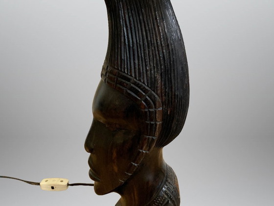 Image 1 of Table lamp base made of African hardwood with a carved African woman