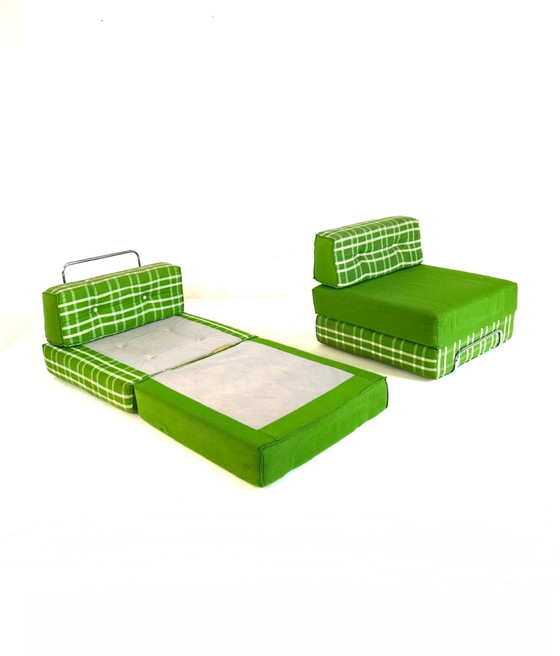 Set of 2 vintage convertible armchairs, Germany '80s, Chrome, Textile, Green (photo 6 of 14)