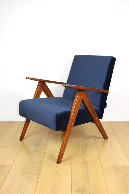 Sillón clásico Var B-310 años 60 terciopelo azul marino vintage - madera oscura - 2 piezas disponibles