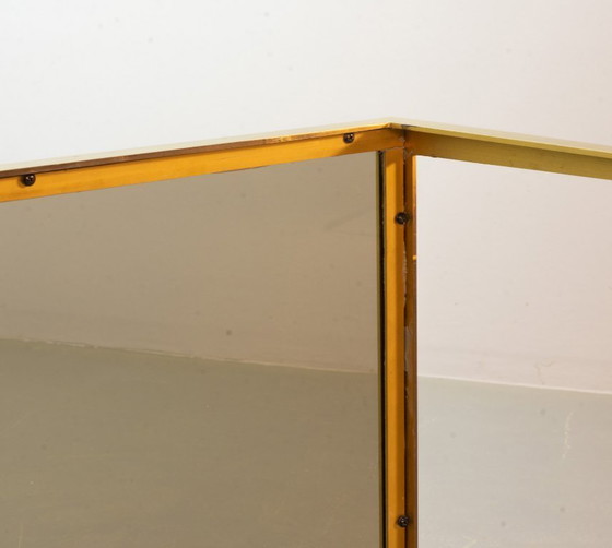 Image 1 of Elegant Hollywood Regency Minimalistic Solid Brass Side Tables with Smokey Glass Top by Vereinigte Werkstätten. Set of 2. 1970s.
