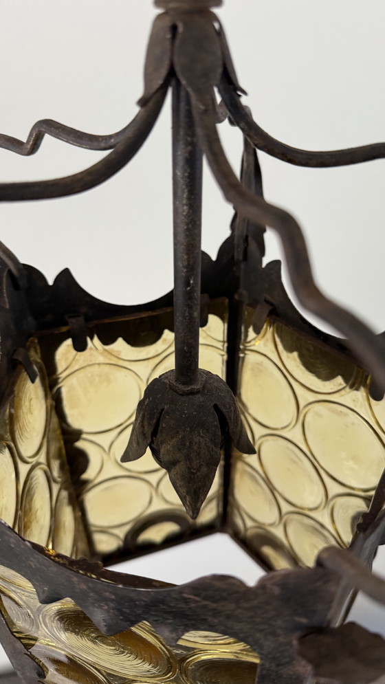 Image 1 of Lanterne italienne en fer forgé et verre d'art ambré - années 1960