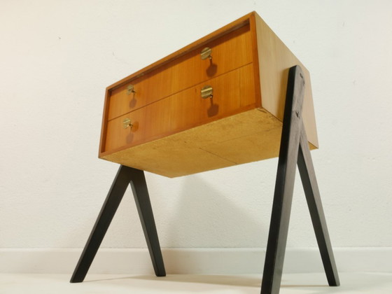 Image 1 of Meuble d'entrée vintage des années 1960, commode moderne du milieu du siècle, placage en érable, buffet à 2 tiroirs