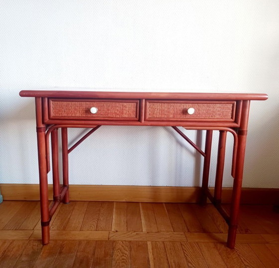 Image 1 of Grand bureau en rotin vintage style Maugrion 1960