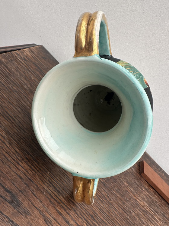 Image 1 of Vaas gesigneerd JTF Vallauris - h 20 cm - Vintage gebeiteld en beschilderd decor