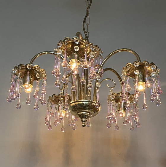 Image 1 of XL Vintage Chandelier Pink Teardrop Pendant Lamp from Murano
