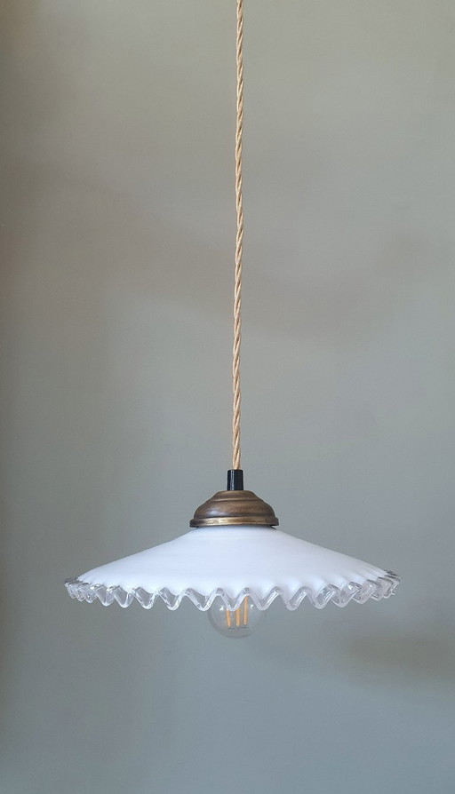 vintage pendant lamp of white opaline glass - fringes - clichy