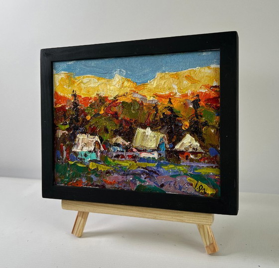 Image 1 of Original Oil Painting Evening Village Landscape The sun is setting